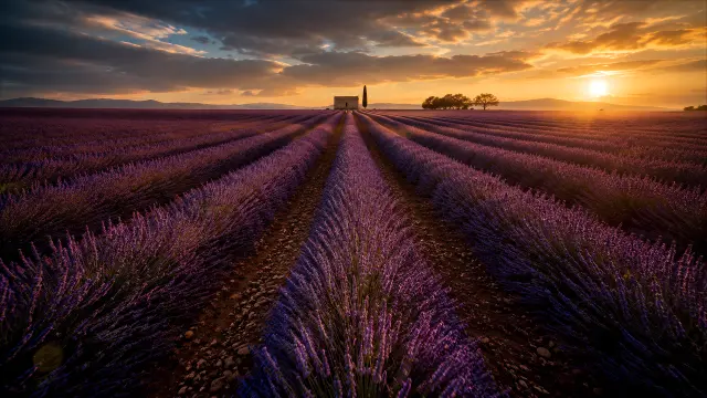 Fondo de pantalla 4K IA: Campo de lavanda al atardecer con cabaña y cipres