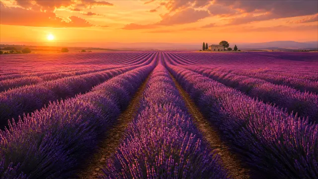 Campo de lavanda en atardecer dorado y púrpura