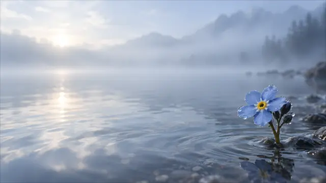 Flor azul con gotas de rocío junto a un lago al amanecer