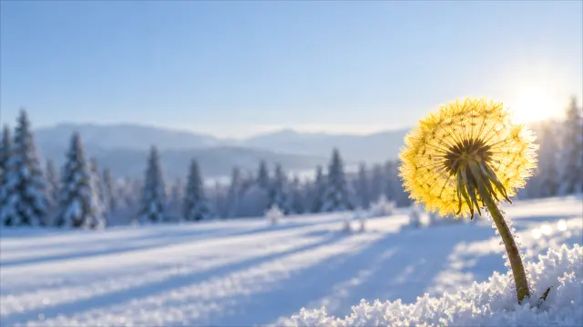 Flor amarilla iluminada en paisaje nevado con montañas