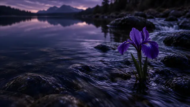 Iris morada en un rio montano al atardecer