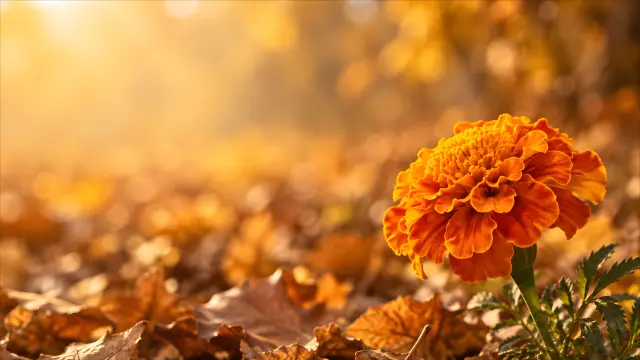 Flor de calendula naranja sobre hojas de otoño