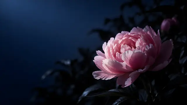 Peonía rosa brillante con fondo azul oscuro elegante
