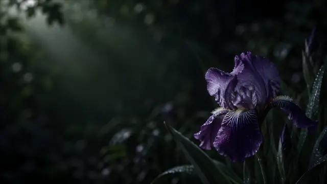 Fondo de pantalla de iris morado oscuro con gotas de rocío