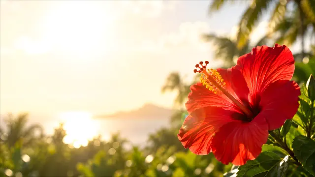 Fondo de pantalla con flor de hibisco roja al atardecer
