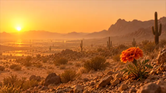 Flor de caléndula en el desierto al atardecer