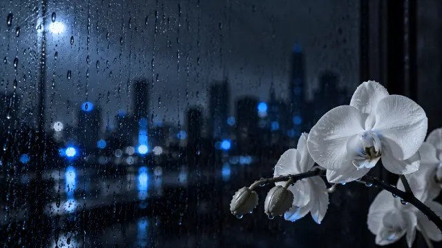 Orquídea blanca con lluvia y luces de ciudad azul