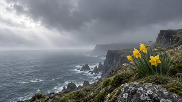 Flores amarillas en acantilado costero con cielo nublado