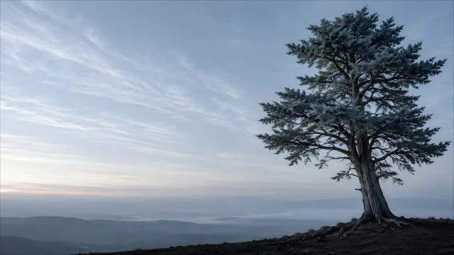 Árbol solitario en colina con niebla al amanecer