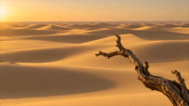 Dunas doradas y rama seca en el desierto al atardecer