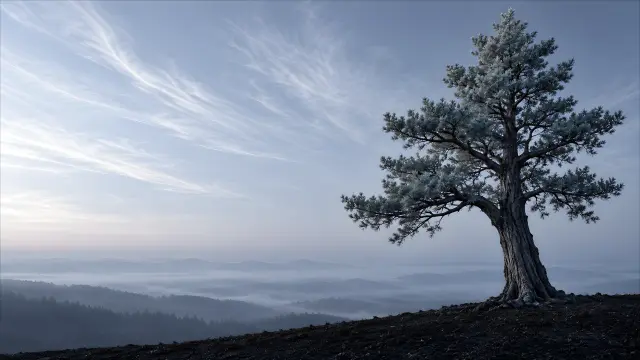 Pino solitario en cumbre con niebla al amanecer