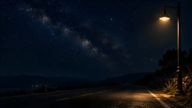 Carretera nocturna con Vía Láctea y farola encendida