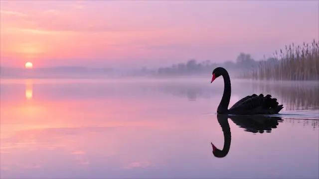 Cisne negro en lago al amanecer con reflejo