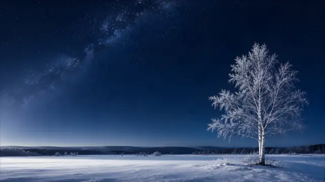 Fondo de pantalla de árbol nevado bajo el cielo estrellado