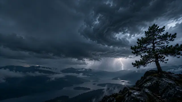 Tormenta eléctrica sobre lago y montañas con árbol solitario