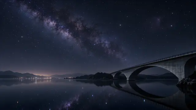 Fondo de pantalla de la Vía Láctea sobre un lago con puente