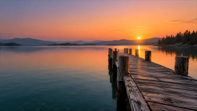 Atardecer en muelle de madera sobre lago calmo
