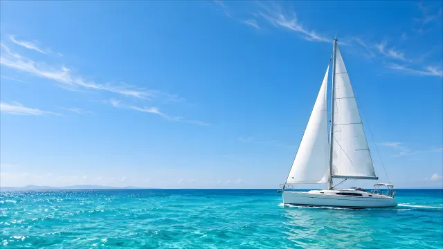 Velero blanco en mar turquesa con cielo azul