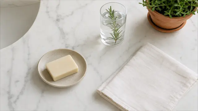 Fondo de pantalla minimalista con jabón en jabonera, vaso de agua con hierba, toalla y planta en maceta sobre superficie de mármol blanco.