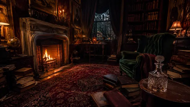 Estudio antiguo con chimenea y sillón verde — fondo aesthetic IA