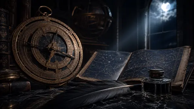 Fondo de pantalla con astrolabio antiguo y libro de astronomía — fondo aesthetic IA