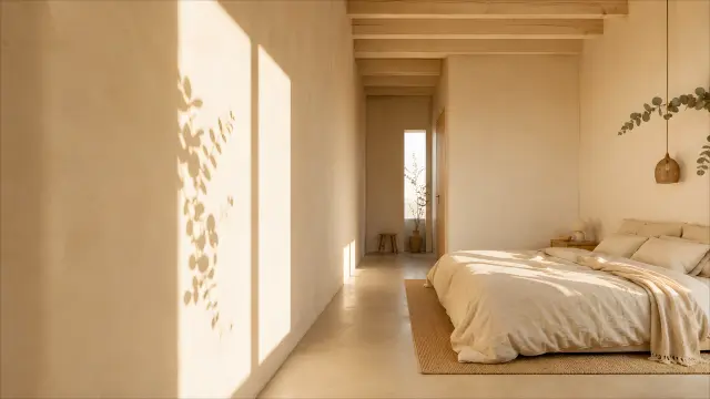 Dormitorio minimalista con luz natural y estilo bohemio