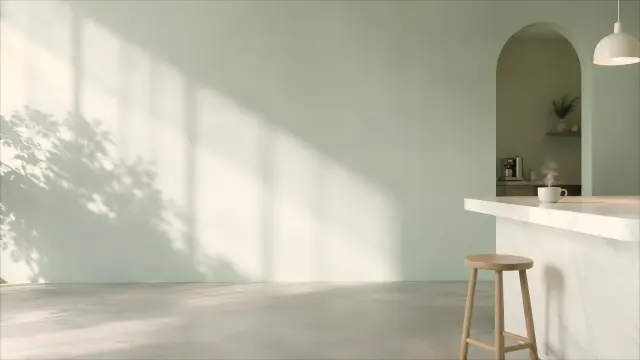 Cocina minimalista con luz natural y sombras de plantas
