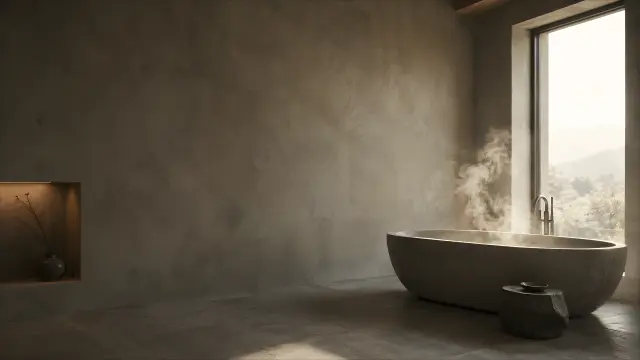 Baño minimalista con bañera de piedra y luz natural