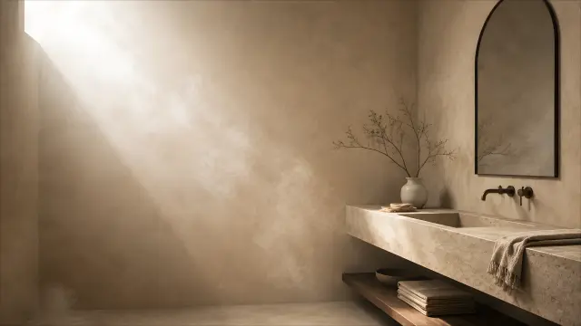 Bañeo minimalista con luz natural y estilo wabi-sabi