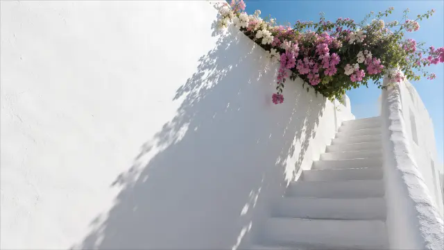 Fondo de pantalla blanco con escaleras y flores rosas