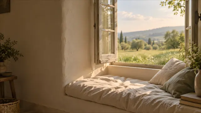 Cama en alféizar de ventana con luz cálida y campo al fondo