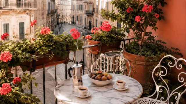 cafetería en balcón con flores rojas y café italiano — fondo aesthetic IA