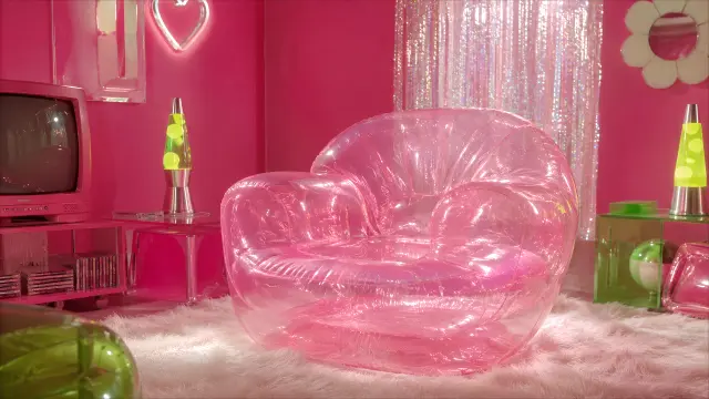 Sillón inflable rosa neón en habitación vibrante estilo Y2K — fondo aesthetic IA