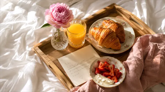 Desayuno romántico en cama con flores y pan — fondo aesthetic IA