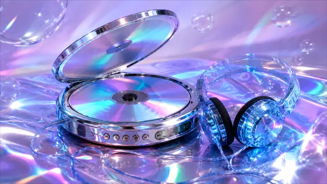 Fondo de pantalla futurista con CD y auriculares — fondo aesthetic IA