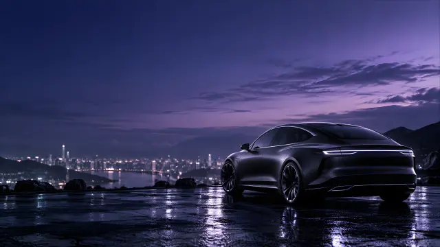 Deportivo futurista en azotea con vista nocturna de ciudad