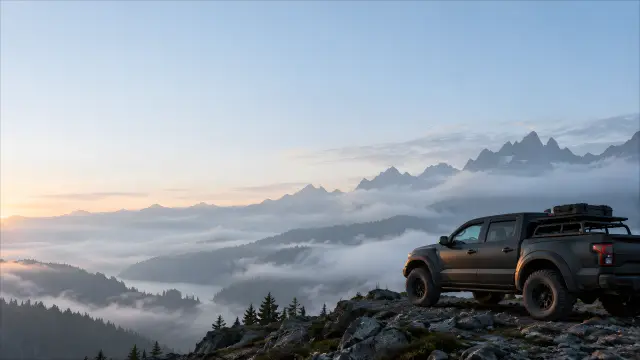 Camioneta todoterreno en montaña con atardecer