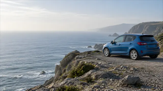 Coche azul en acantilado junto al mar