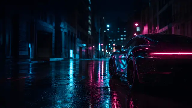 Coche deportivo en ciudad nocturna con luces neón y lluvia
