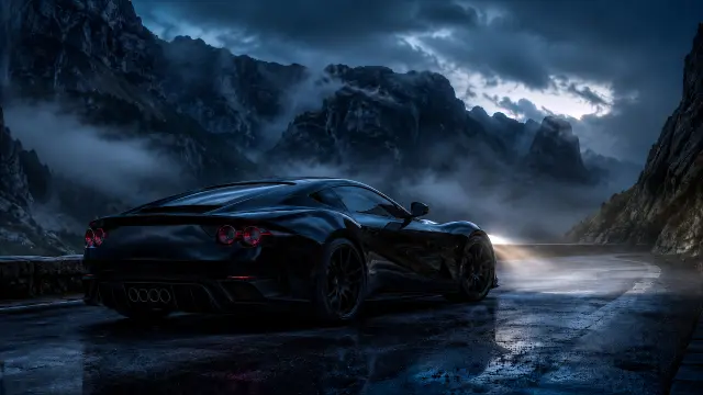 Fondo de pantalla deportivo negro en carretera de montaña con niebla y luces nocturnas dramáticas — fondo coches y motos IA