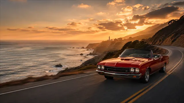 Clásico rojo conversible en carretera costera al atardecer — fondo coches y motos IA