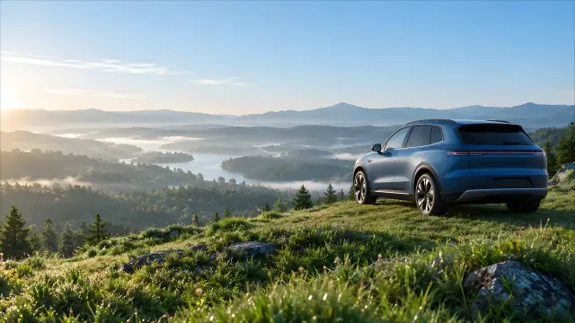 SUV azul moderno en colina con vistas al lago al amanecer