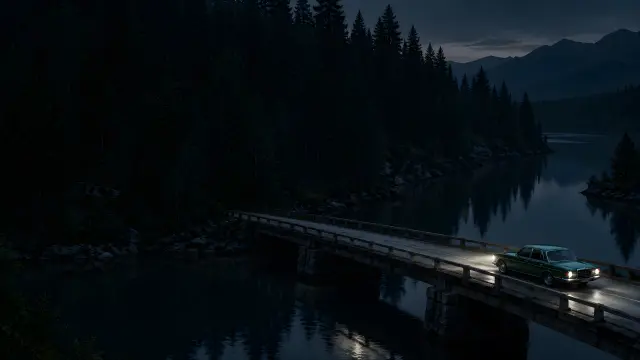 Coche clasico verde en puente nocturno junto a lago
