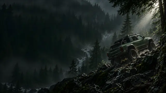 Fondo de pantalla camioneta 4x4 en bosque oscuro