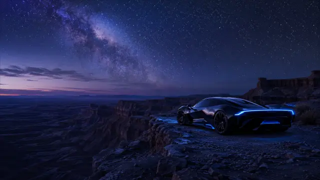 fondo de pantalla coche deportivo en cañón estrellado — fondo coches y motos IA