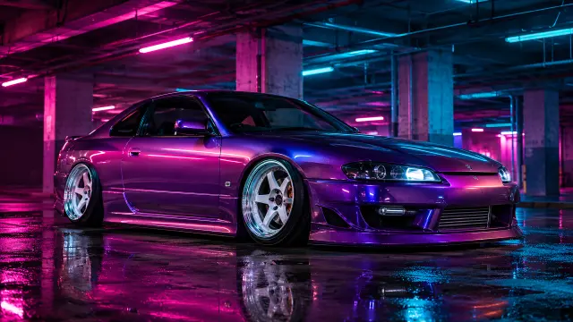 Fondo de pantalla coche deportivo morado neón — fondo coches y motos IA