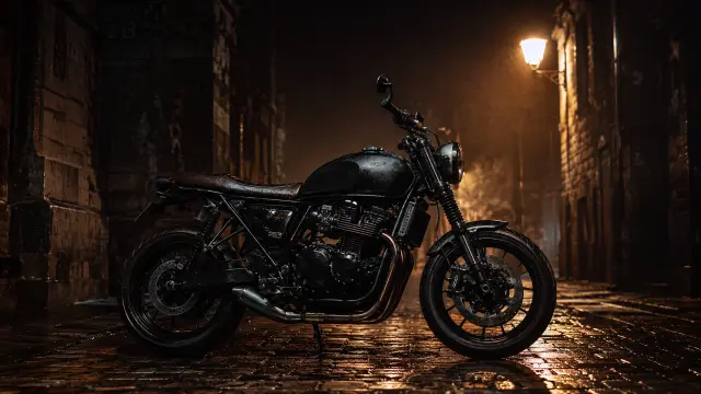 Moto clásica negra en calle lluviosa nocturna — fondo coches y motos IA