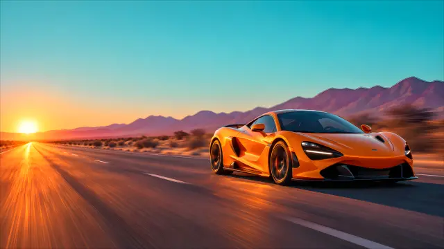 Deportivo naranja en carretera al atardecer