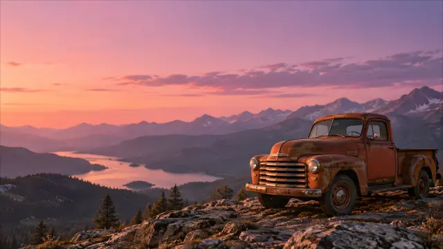Camioneta vintage oxidada en montaña al atardecer