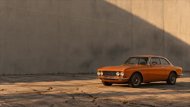 Coche deportivo retro naranja en pared de hormigon al atardecer